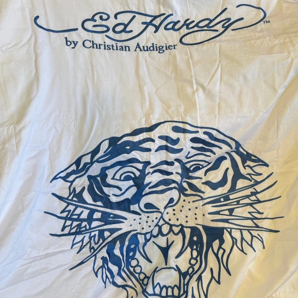 Ed Hardy Christian Audigier Tattoo Print Duvet Bedding Set White Blue Tiger Y2K